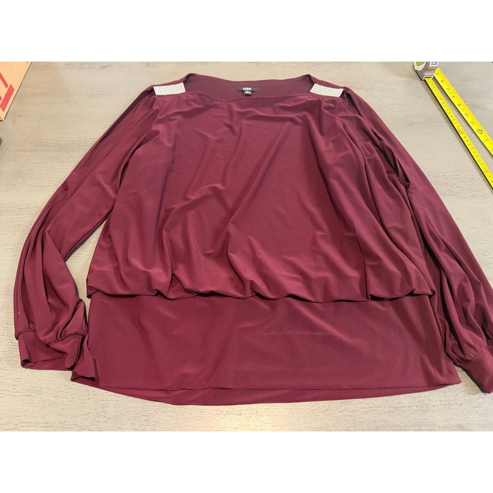 MSK Womens Burgundy Cold Shoulder Rhinestone Blouse Top Size L Wine Red Layered